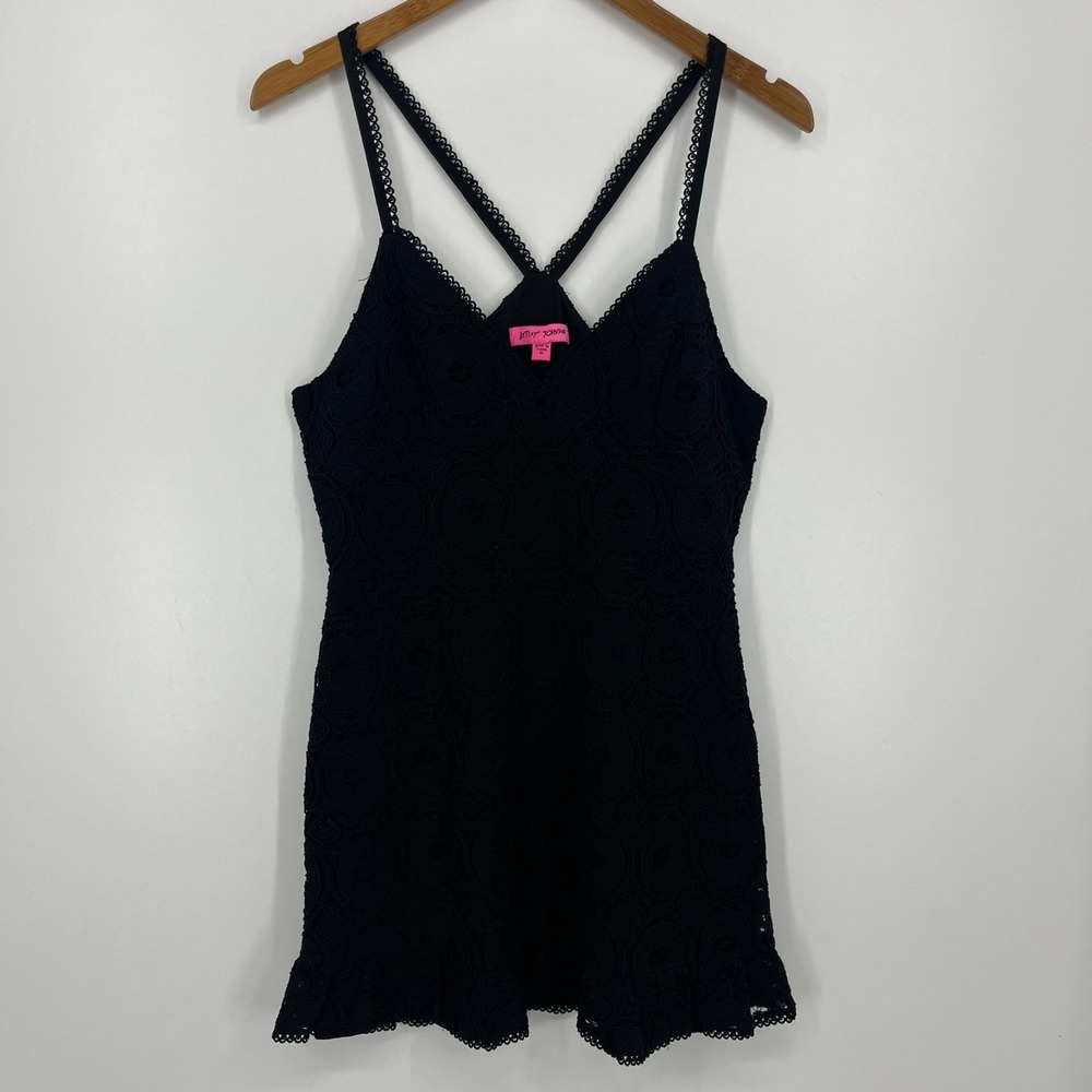 Betsey Johnson Dress Women's Size M Black Lace V-Neck Mini Strappy Sleeveless